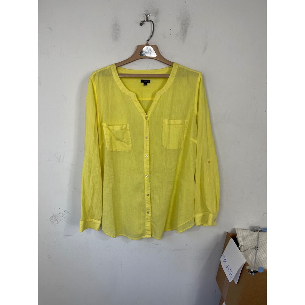 Talbots Womens XL Yellow Cotton Gauze Button‎ Down Roll Tab Sleeve Blouse Shirt